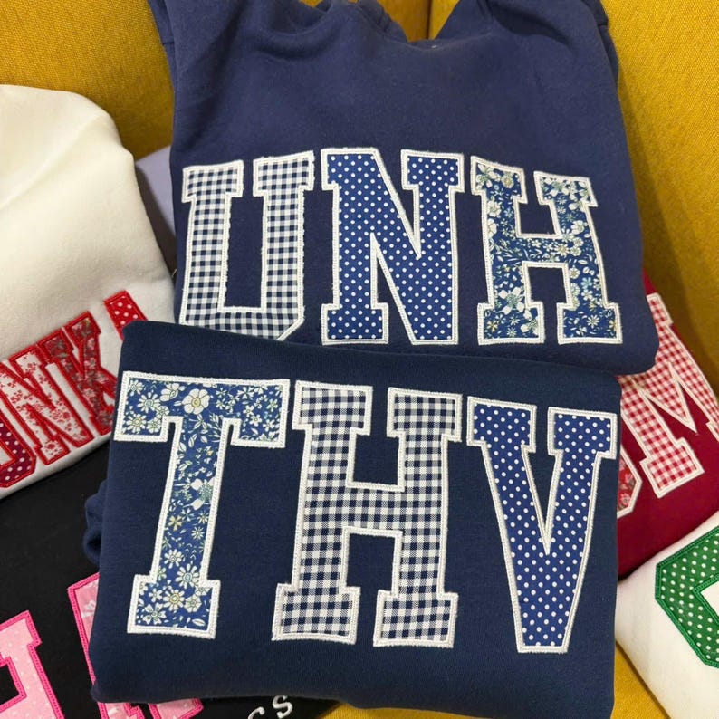 Embroidered Custom Sweatshirt Applique Letters – Personalized College Crewneck Gingham Floral Patchwork Varsity Shirt Trendy Gift image 3