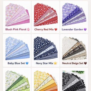 May include: A selection of fabric patterns, including floral, star, and geometric designs. The color palette ranges from blush pink and cherry red to navy blue and sunny yellow. The text "CHOOSE YOUR PATTERN" is at the top.
