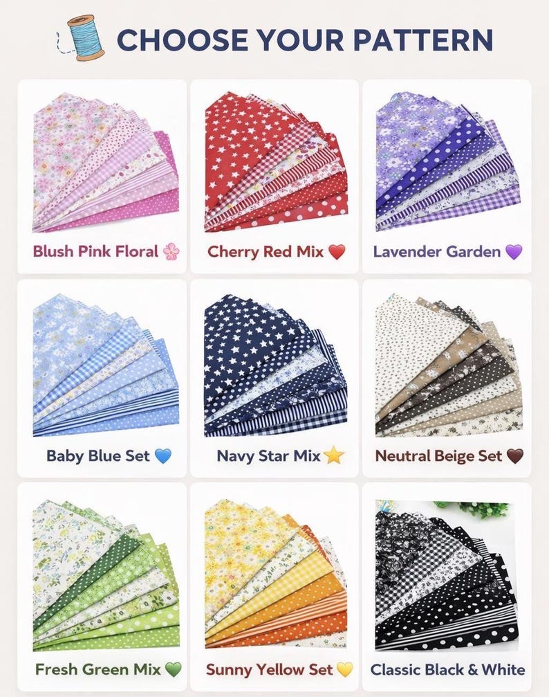 May include: A selection of fabric patterns, including floral, star, and geometric designs. The color palette ranges from blush pink and cherry red to navy blue and sunny yellow. The text "CHOOSE YOUR PATTERN" is at the top.