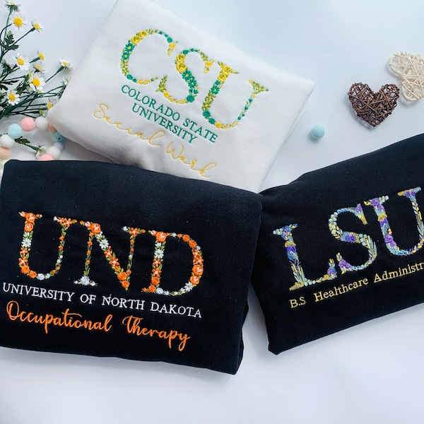 Custom College Floral Embroidered Sweatshirt, Floral Letter Embroidery T-Shirt, High School Shirt, Sorority Greek Letter, Big Little Gift