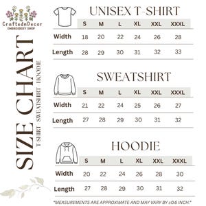 Puede incluir: Tabla de tallas para camisetas unisex, sudaderas y sudaderas con capucha. Incluye medidas de ancho y largo en cent&iacute;metros para las tallas S a XXXL. La tabla tambi&eacute;n incluye el texto "CraftednDecor EMBROIDERY SHOP".