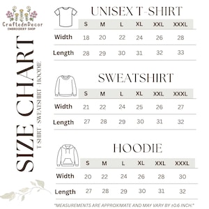 May include: Size chart for unisex t-shirts, sweatshirts, and hoodies. Includes width and length measurements in inches for sizes S through XXXL. The text "MEASUREMENTS ARE APPROXIMATE AND MAY VARY BY &plusmn;0.6 INCH." is at the bottom.