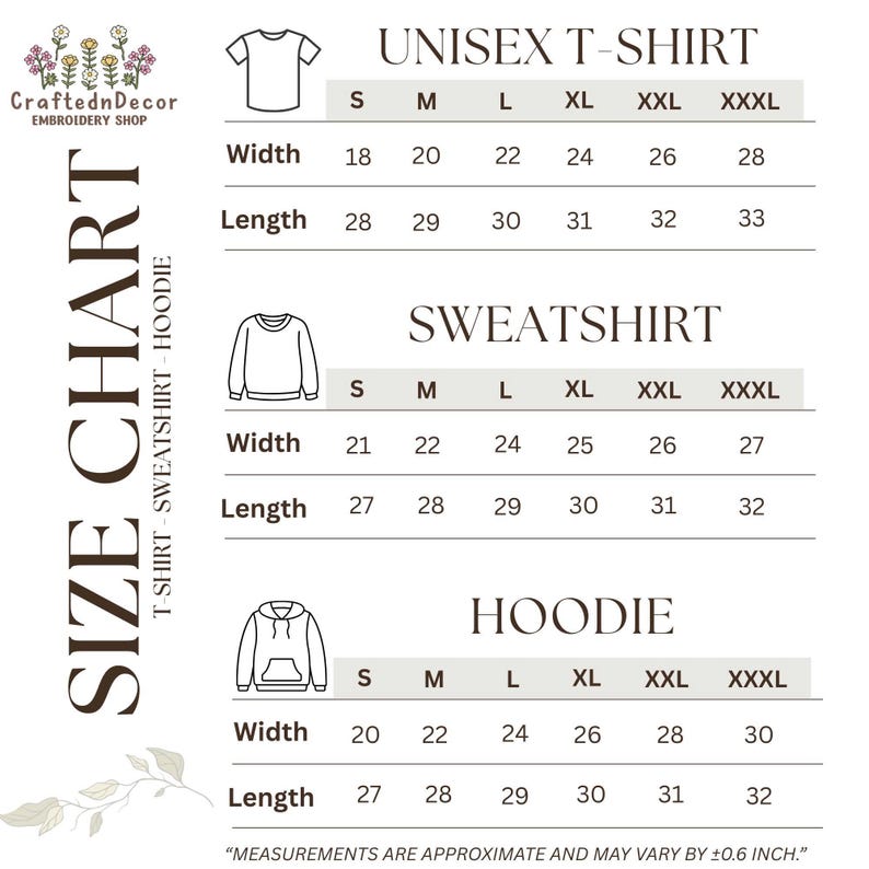 May include: Size chart for unisex t-shirts, sweatshirts, and hoodies. Includes width and length measurements in inches for sizes S through XXXL. The text "MEASUREMENTS ARE APPROXIMATE AND MAY VARY BY &plusmn;0.6 INCH." is at the bottom.