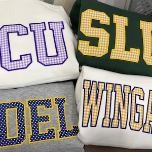 Applique Sweatshirt Gingham Letter Crewneck, Custom College Name Pullover, Embroidered University Style Shirt Gift image 5