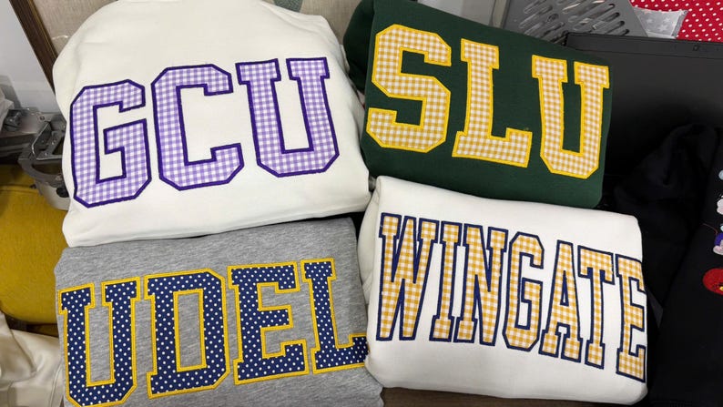 Applique Sweatshirt Gingham Letter Crewneck, Custom College Name Pullover, Embroidered University Style Shirt Gift image 5