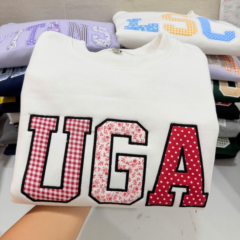 Embroidered Custom Sweatshirt Applique Letters – Personalized College Crewneck Gingham Floral Patchwork Varsity Shirt Trendy Gift image 11