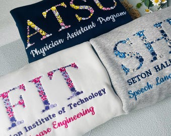 Custom College Floral Embroidered Sweatshirt, Floral Letter Embroidered T-Shirt, Flower College Shirt, High School Shirt, Graduation Gift
