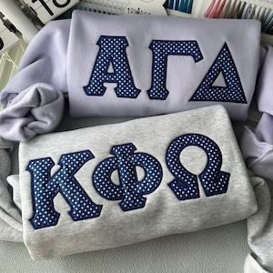 Custom Sorority Appliqué Embroidered Sweatshirt – Greek Letters Crewneck – Polka Dot Fabric Sorority Sweater – Greek Life Apparel