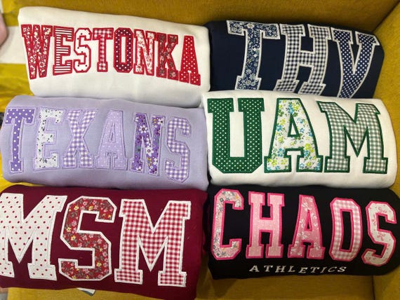 Embroidered Custom Sweatshirt Applique Letters – Personalized College Crewneck Gingham Floral Patchwork Varsity Shirt Trendy Gift