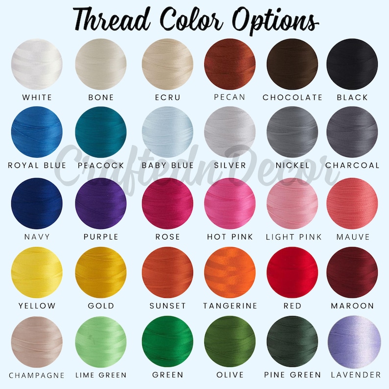 Puede incluir: Una carta de colores que muestra las opciones de color del hilo. La imagen presenta una cuadr&iacute;cula de muestras de hilo en varios colores, incluyendo blanco, negro, azul, rosa y verde. El texto "Thread Color Options" est&aacute; en la parte superior.
