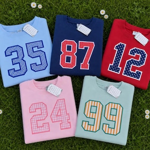 Custom Sports Number Applique Sweatshirt, Personalized Team Number Crewneck, Gingham Patchwork Jersey Number Hoodie