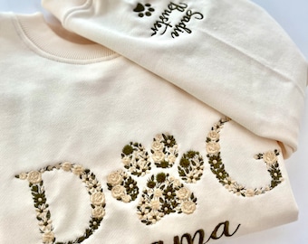 Custom Floral Embroidered Dog Mom Sweatshirt: Pet Name Sleeve