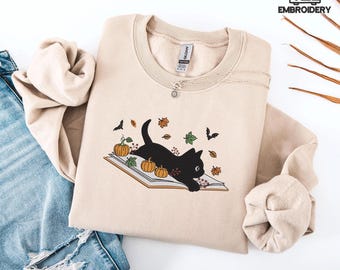 Black Cat Embroidery Sweatshirt: Spooky Halloween Book Lover Crewneck