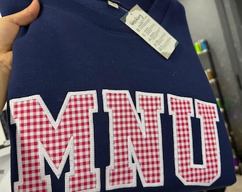 Custom Varsity Letter Sweatshirt Personalized College Letter Crewneck,Gingham Applique Embroidery Sweatshirt,Custom Name University Pullover