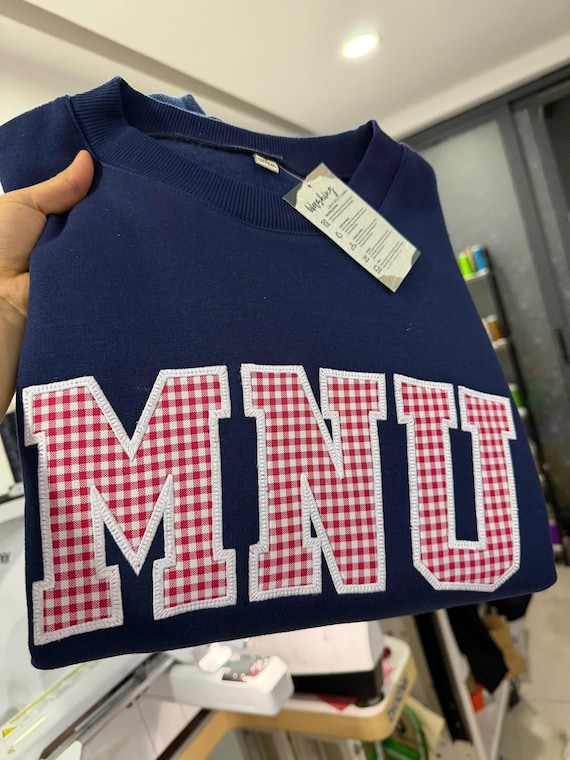 Custom Varsity Letter Sweatshirt Personalized College Letter Crewneck,Gingham Applique Embroidery Sweatshirt,Custom Name University Pullover