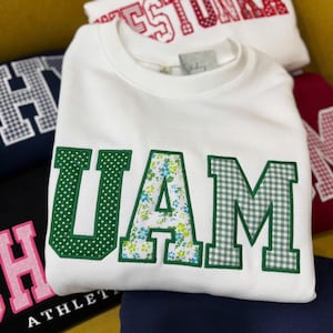 Embroidered Custom Sweatshirt Applique Letters – Personalized College Crewneck Gingham Floral Patchwork Varsity Shirt Trendy Gift image 2