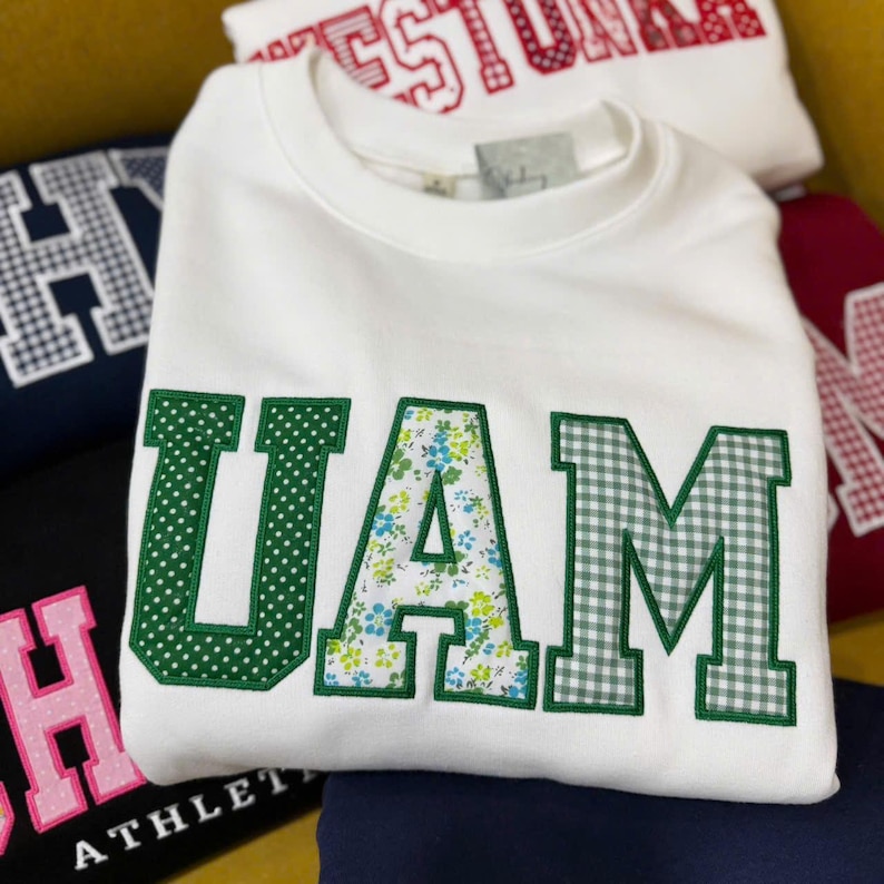 Embroidered Custom Sweatshirt Applique Letters – Personalized College Crewneck Gingham Floral Patchwork Varsity Shirt Trendy Gift image 2