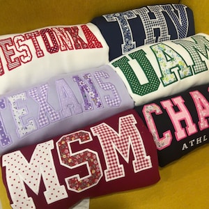 Embroidered Custom Sweatshirt Applique Letters – Personalized College Crewneck Gingham Floral Patchwork Varsity Shirt Trendy Gift image 8