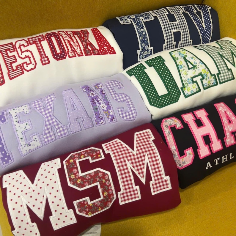 Embroidered Custom Sweatshirt Applique Letters – Personalized College Crewneck Gingham Floral Patchwork Varsity Shirt Trendy Gift image 8