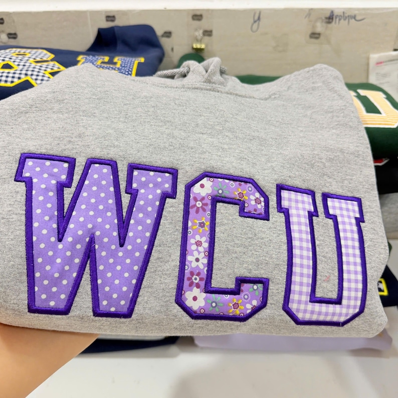 Embroidered Custom Sweatshirt Applique Letters – Personalized College Crewneck Gingham Floral Patchwork Varsity Shirt Trendy Gift image 7