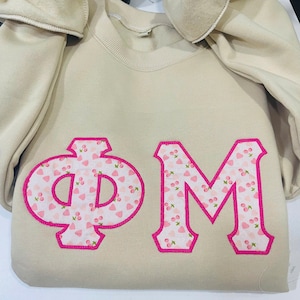 Custom Sorority Appliqué Embroidered Sweatshirt – Greek Letters Crewneck – Floral Fabric Sorority Sweater – Greek Life Apparel
