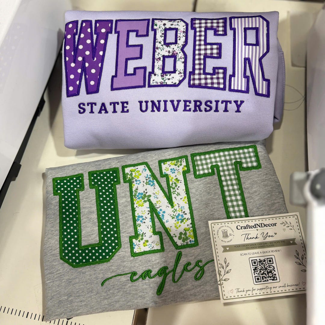 Custom College Name Applique Sweatshirt, Personalized University Crewneck, Patchwork Embro