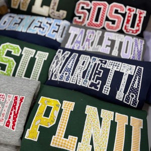 Embroidered Custom Sweatshirt Applique Letters – Personalized College Crewneck Gingham Floral Patchwork Varsity Shirt Trendy Gift image 4