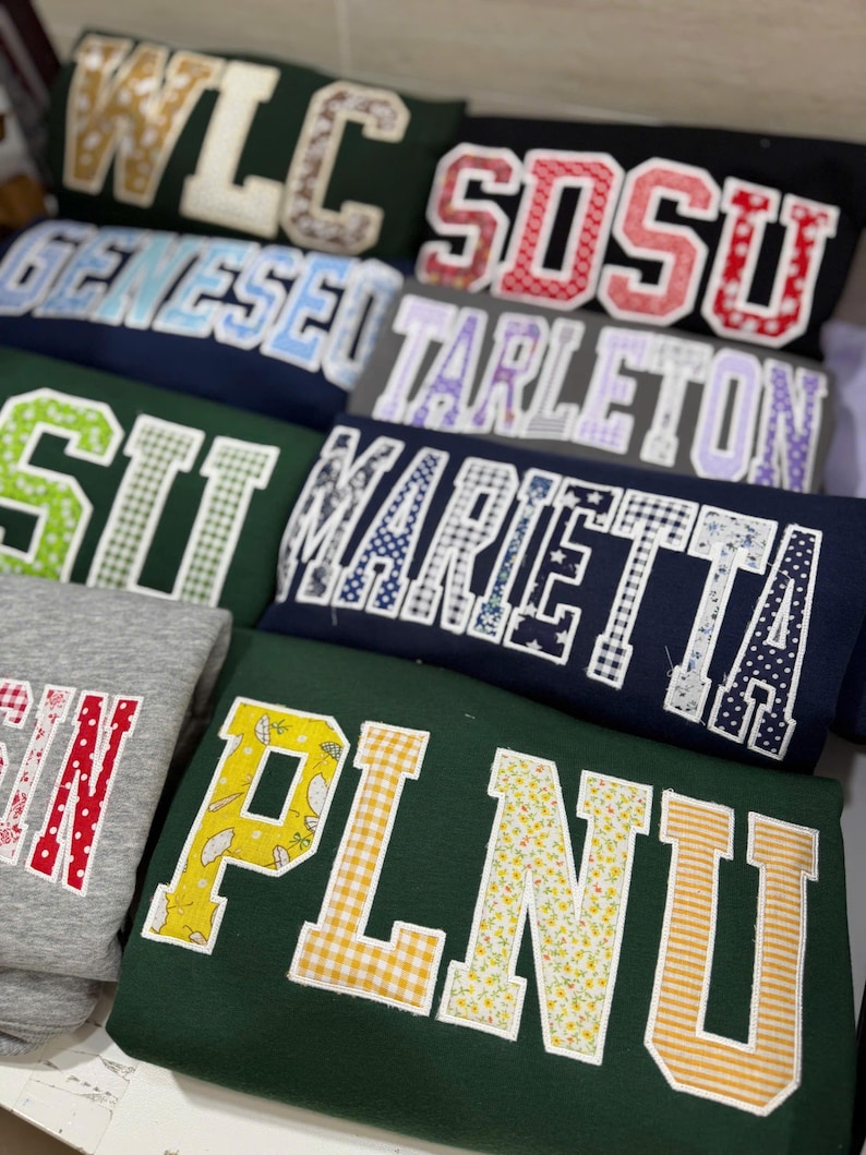 Embroidered Custom Sweatshirt Applique Letters – Personalized College Crewneck Gingham Floral Patchwork Varsity Shirt Trendy Gift image 4