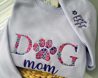 Custom Floral Embroidered Sweatshirt with Pet Name on Sleeve | Sweatshirt for Dog Lover Fur MAMA, Gift for mom | Dog Mom Embroidered Shirt