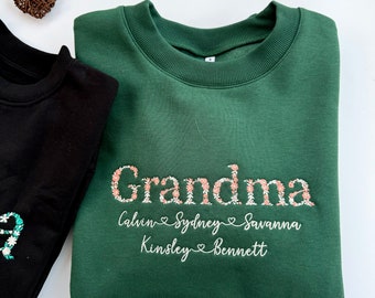 Custom Floral Embroidered Grandma Sweatshirt: Personalized Mom Gift