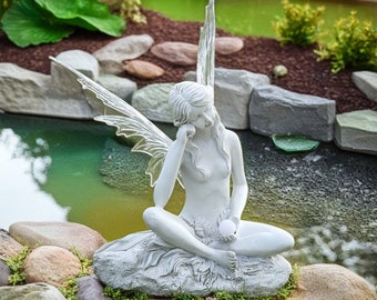 Handmade Flower Fairy Statue Sitting Art Sculpture Statue Angel Wings Outdoor Garden Decoration Fairy Garden Mini Fairies Decoration, Gifts