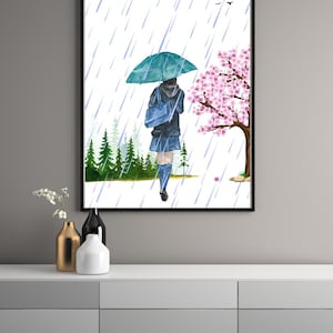 Póster digital de primavera con escena de paraguas y acuarela de chica bajo la lluvia