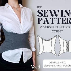 May include: A PDF sewing pattern for a reversible underbust corset. The pattern includes step-by-step instructions and is available in sizes XS to 4XL.