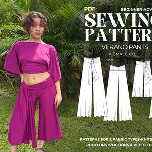 May include: A PDF sewing pattern for Verano trousers in sizes X-Small to XXL, featuring a magenta two-piece outfit with a cropped top and wide-leg trousers with a side tie. The pattern includes instructions for both trousers and culottes in knit or woven fabrics.
