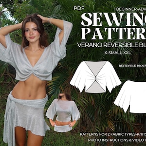 May include: A PDF sewing pattern for a Verano reversible blouse, sizes X-Small to XXL. The design features a cropped, shimmering silver top with wide sleeves and a front twist detail. Includes technical line drawings and instructions for knits and woven fabrics.