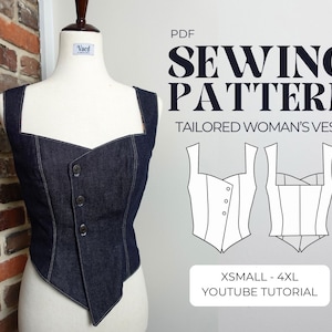 Puede incluir: Un patrón de costura PDF para un chaleco entallado. El patrón incluye instrucciones para las tallas XS a 4XL y un tutorial de YouTube. La imagen también muestra un chaleco vaquero.