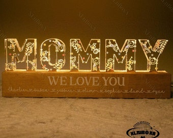 Custom Name LED Night Light, Mommy Drawing Cute Kids Night Light, Mother Day Gift, Gift For Grandma, Gift For Mom, Gift From Kids