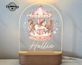 Custom Name Night Light, Pink Carousel Night Light, Nursery Name Sign, Childrens Name Light, Baby Girl Gift, Custom LED Lamp