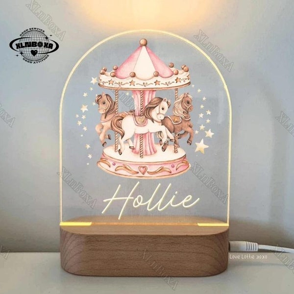 Custom Name Night Light, Pink Carousel Night Light, Nursery Name Sign, Childrens Name Light, Baby Girl Gift, Custom LED Lamp