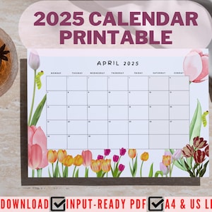 Calendario digital imprimible 2025 / A4 + PDF tamaño carta de EE. UU. / Planificador anual / Descarga digital instantánea