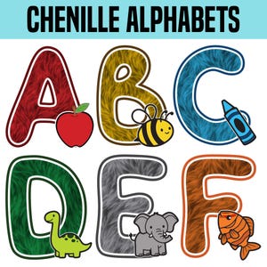 Peut inclure: Illustration colorée des lettres de l'alphabet A à F, avec une texture chenille et des contours blancs. Chaque lettre est associée à une illustration, comme une pomme, une abeille, un crayon, un dinosaure, un éléphant et un poisson.