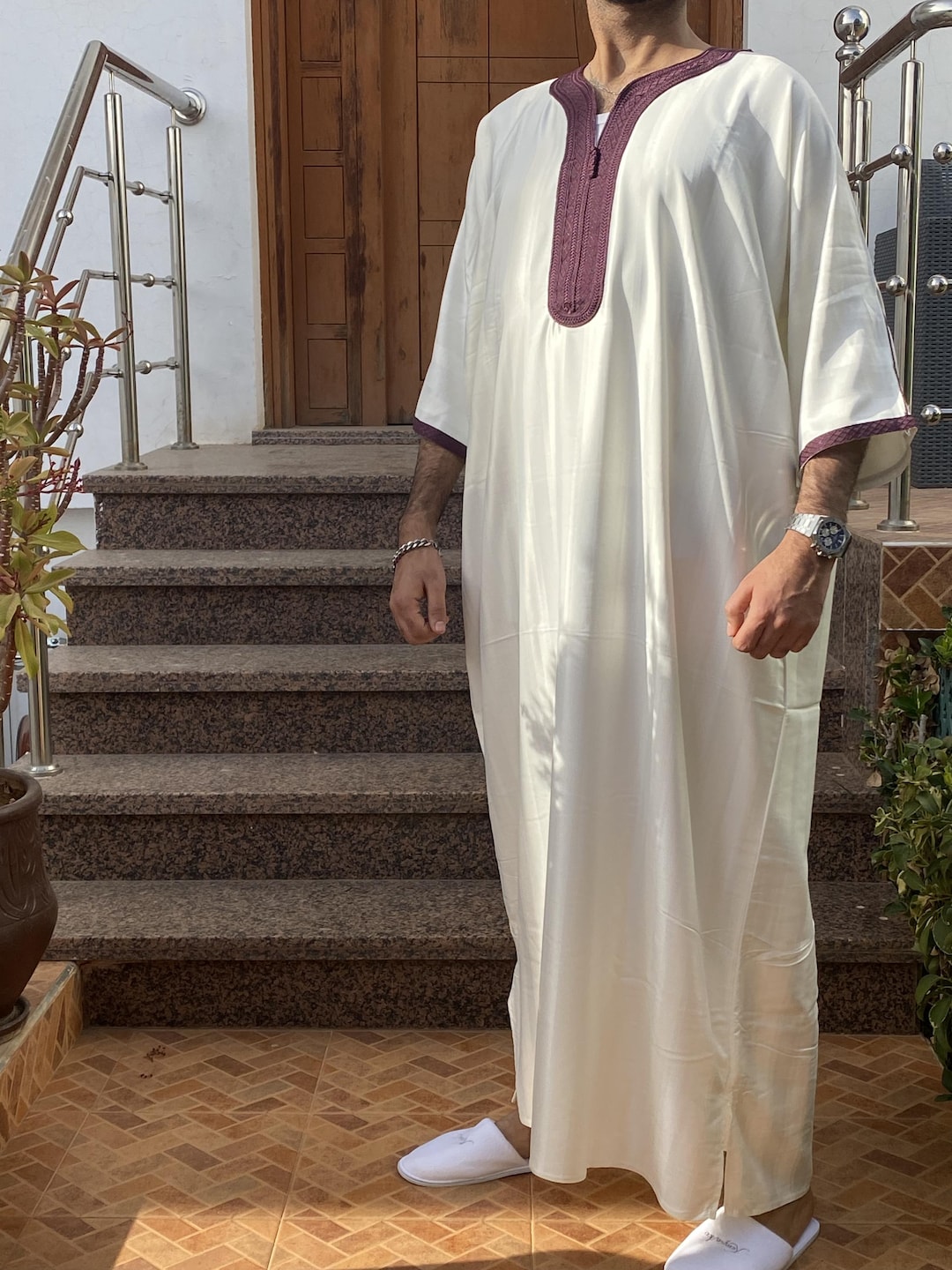 Men’s Formal Embroidery Kaftan 2pc Set (White & Red)