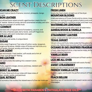 May include: A list of scent descriptions, including "Jamaican Me Crazy," "Bourbon Leather," and "Pink Sugar." The descriptions detail the fragrance notes, such as banana, coconut, and vanilla, for each scent.