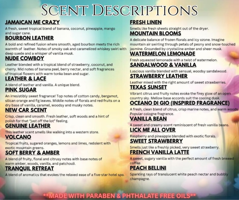 May include: A list of scent descriptions, including "Jamaican Me Crazy," "Bourbon Leather," and "Pink Sugar." The descriptions detail the fragrance notes, such as banana, coconut, and vanilla, for each scent.