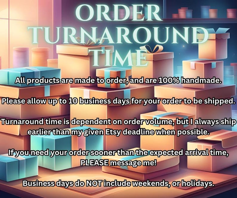 May include: Image with text: "ORDER TURNAROUND TIME." The text is above a collection of brown and teal gift boxes. The text below the title states that all products are handmade and made to order. It also mentions the turnaround time for orders.