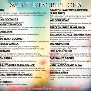 May include: A product description sheet with a list of scent descriptions. Scents include Cowboy, Chap My Coconuts, Mahogany Teakwood, Rodeo Reserve, Waikiki Beach Coconut, Lavender & Vanilla, Wonderland, Cotton Candy, Naked Butt, Diva Girl, and Cherry Delight.