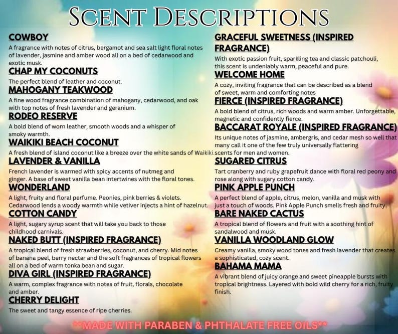 May include: A product description sheet with a list of scent descriptions. Scents include Cowboy, Chap My Coconuts, Mahogany Teakwood, Rodeo Reserve, Waikiki Beach Coconut, Lavender & Vanilla, Wonderland, Cotton Candy, Naked Butt, Diva Girl, and Cherry Delight.