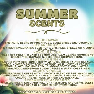 May include: A graphic featuring the text "SUMMER SCENTS" with descriptions of various fragrance blends. The descriptions include "Blue Hawaii," "Ocean Breeze," "Honolulu Sun," "Brazilian Bum 62," "Aloha Vanilla," and "Strawberry Margarita." The image has a tropical theme.