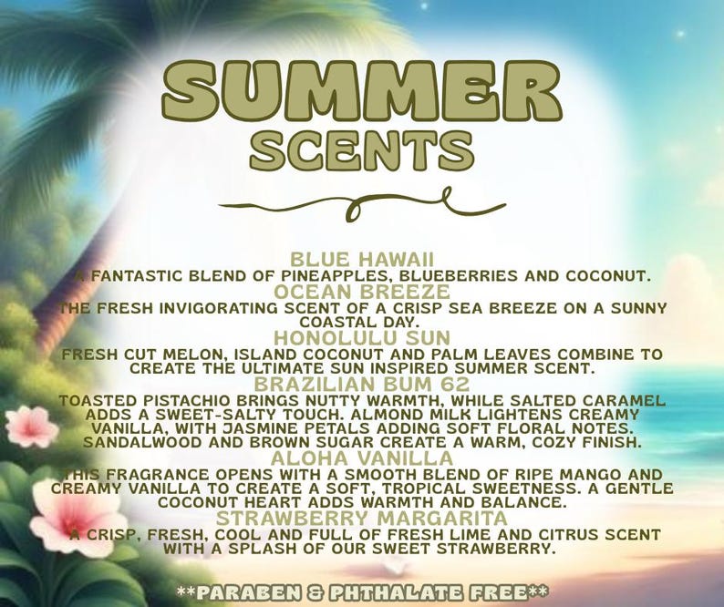 May include: A graphic featuring the text "SUMMER SCENTS" with descriptions of various fragrance blends. The descriptions include "Blue Hawaii," "Ocean Breeze," "Honolulu Sun," "Brazilian Bum 62," "Aloha Vanilla," and "Strawberry Margarita." The image has a tropical theme.