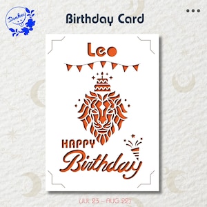 Löwe Geburtstagskarte, Geburtstagskarte SVG, Sternzeichen Geburtstagskarte, Geburtstagskarte Schnittdatei, Papierschnittdatei, für Cricut und Silhouette.